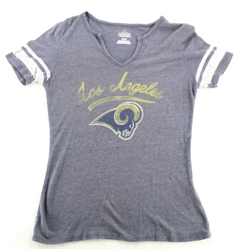 Majestic Los Angeles Rams Shirt Womens M Gray V Neck NFL Football Tee